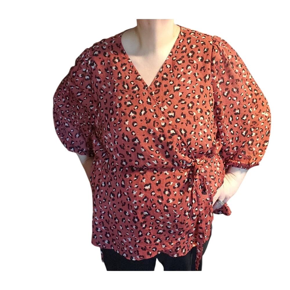 Anthropologie Skies are Blue Curvy 3X True Wrap Blouse Animal Leopard Print